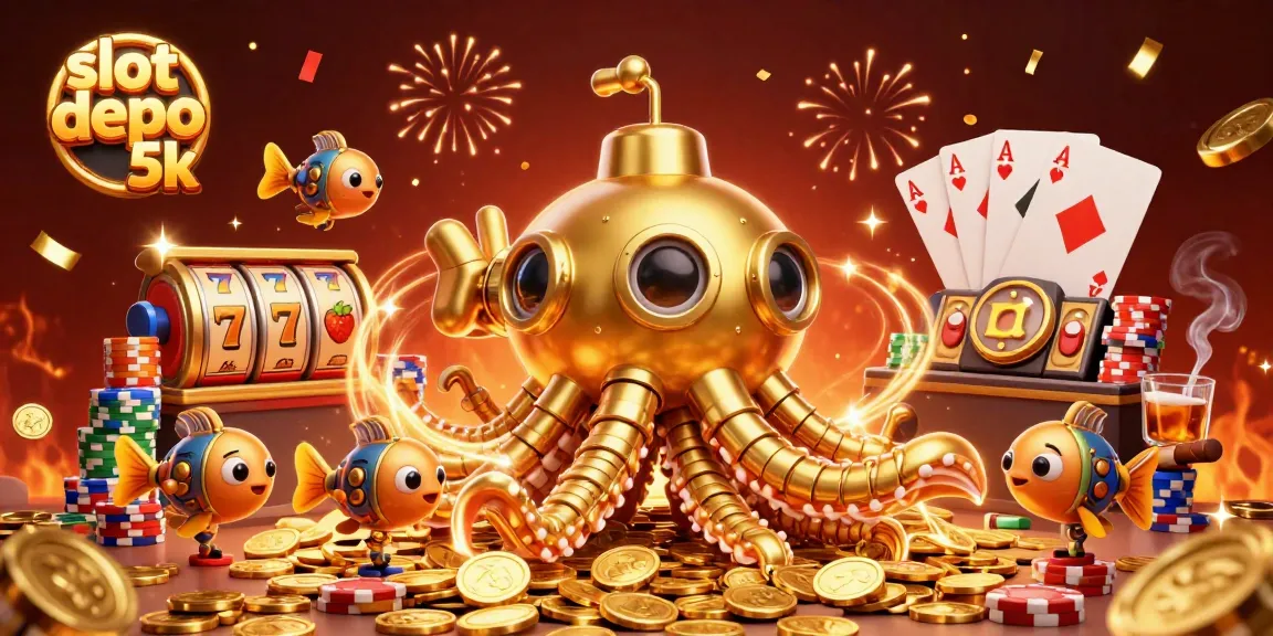 Engage the exciting world of slot depo 5k with vibrant 3D illustration featuring golden kraken and poker elements.