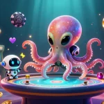 Engage in baccarat-gambling-online with an alien octopus and robot at a floating poker table.