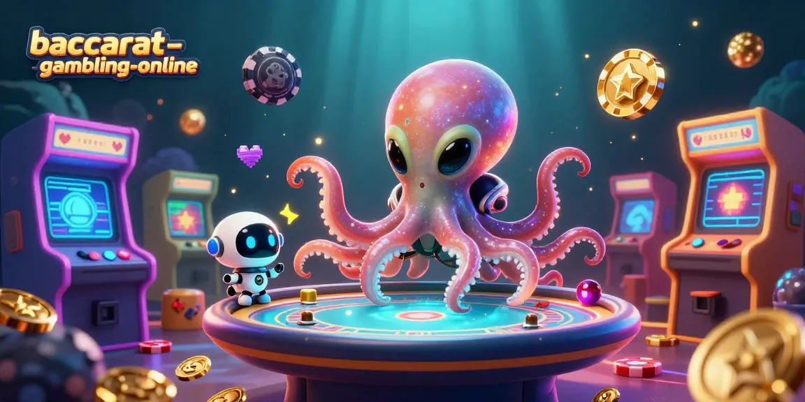 Engage in baccarat-gambling-online with an alien octopus and robot at a floating poker table.