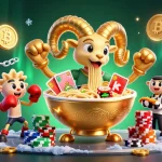Menang di domino4d dengan ilustrasi kasino 3D yang menampilkan karakter lucu dan elemen kripto.