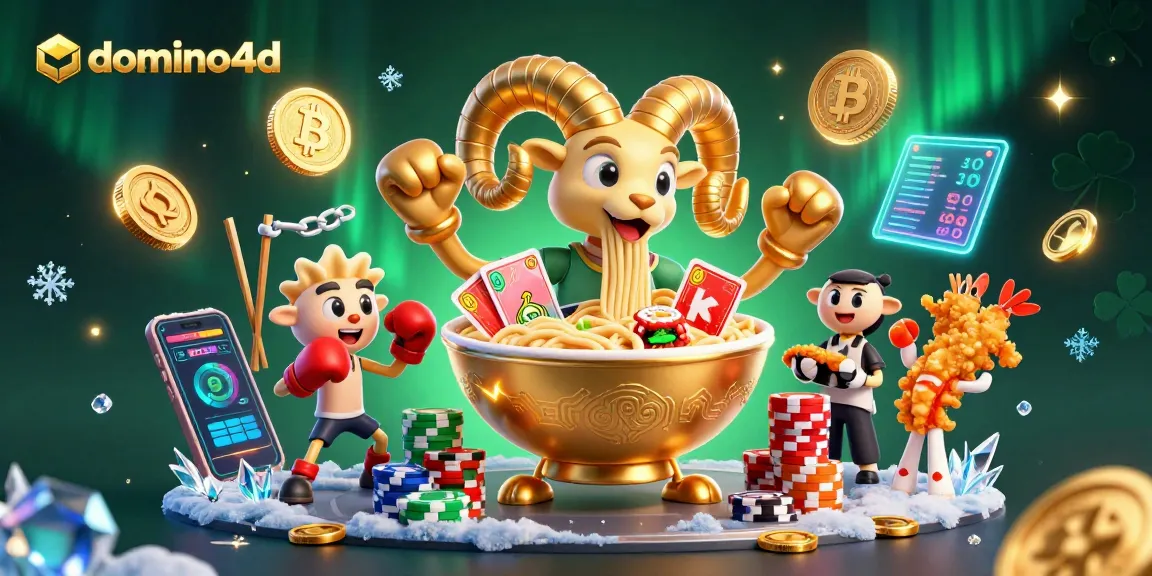 Menang di domino4d dengan ilustrasi kasino 3D yang menampilkan karakter lucu dan elemen kripto.