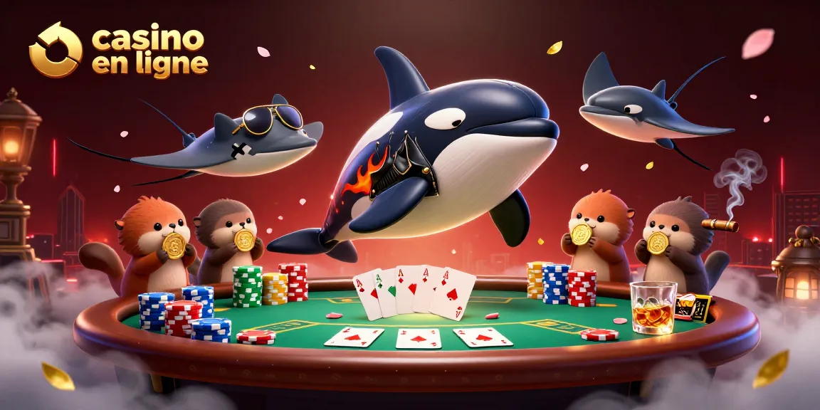 Plongez dans un casino en ligne plein de vie avec des personnages marins animés et des éléments de poker.