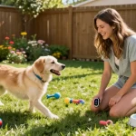 Engaging with a dog using NAGA2000 smart tracker in a vibrant backyard.