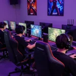 Engaged gamers immersed in pakde4d, showcasing modern gaming experience with high-tech equipment.