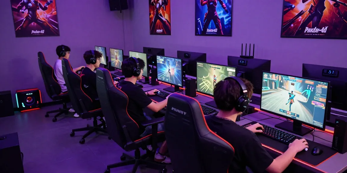 Engaged gamers immersed in pakde4d, showcasing modern gaming experience with high-tech equipment.