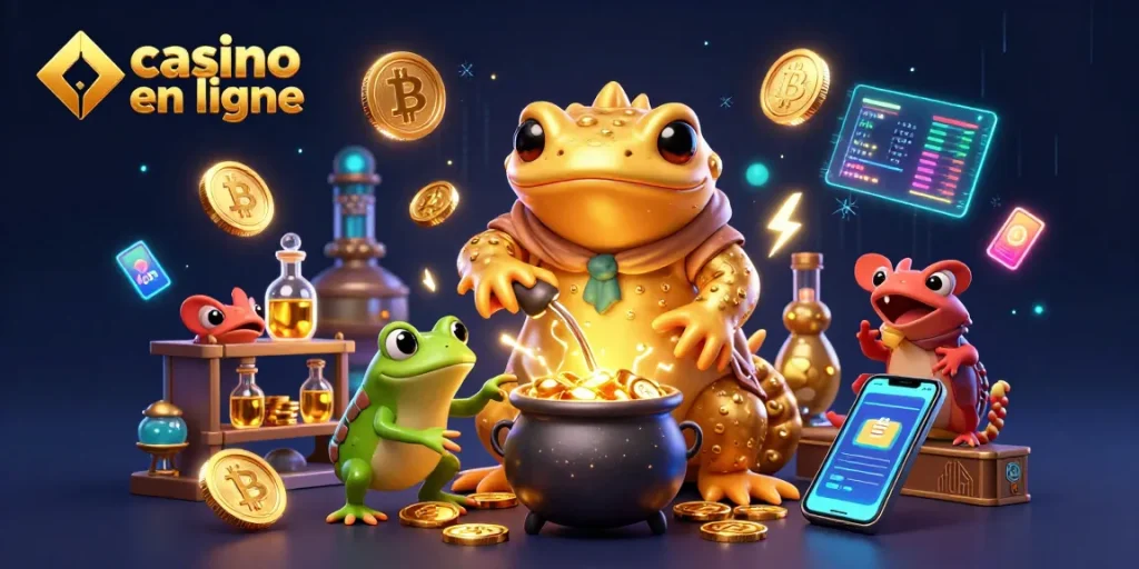 Illustration captivante sur le thème du casino en ligne, mettant en scène un alchimiste en train de transformer des métaux en pièces d'or.