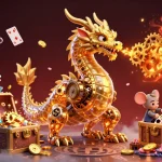 Illustration dynamique de dragon doré et trésors de casino en ligne, ambiance magique et immersive.