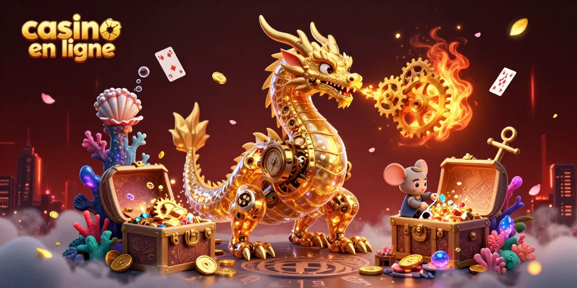 Illustration dynamique de dragon doré et trésors de casino en ligne, ambiance magique et immersive.