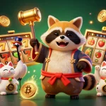Vivez l'expérience du casino en ligne avec un tanuki chanceux et des éléments de jeu colorés.