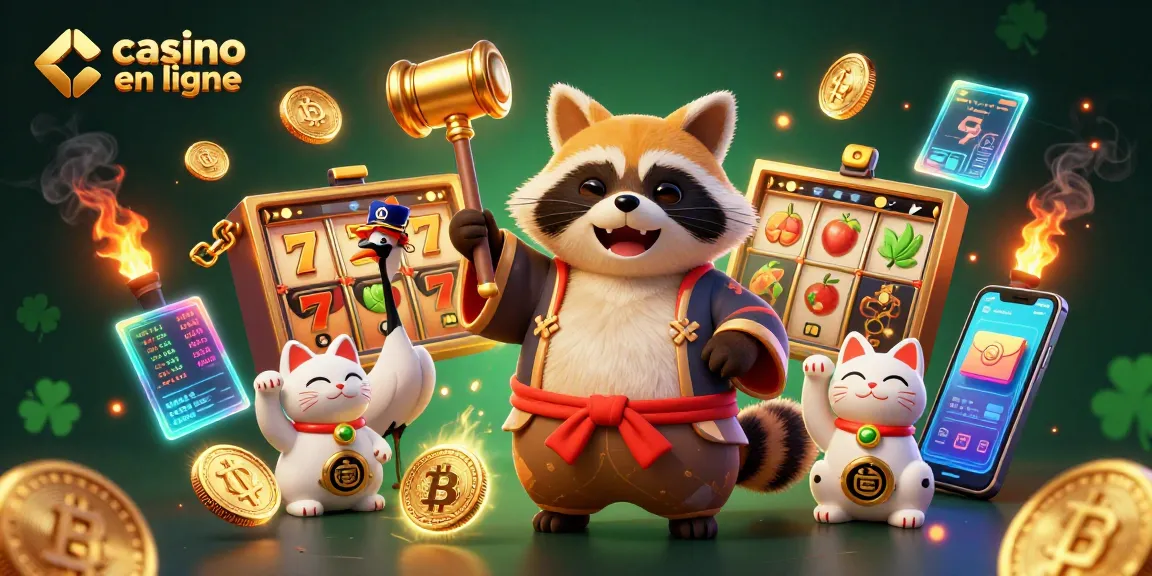 Vivez l'expérience du casino en ligne avec un tanuki chanceux et des éléments de jeu colorés.