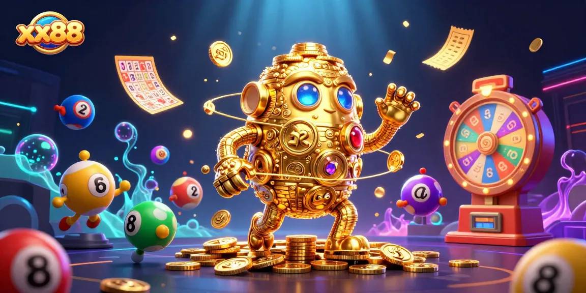 Experience the excitement of xx88 with vibrant games and golden treasures in a 3D casino illustration.