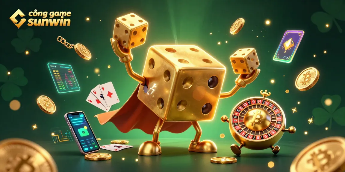 Join the excitement at cổng game sunwin with a lively 3D casino scene featuring golden dice and crypto elements.