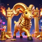Togelon showcases thrilling online gaming with a golden ram charging through casino elements and arcade machines.