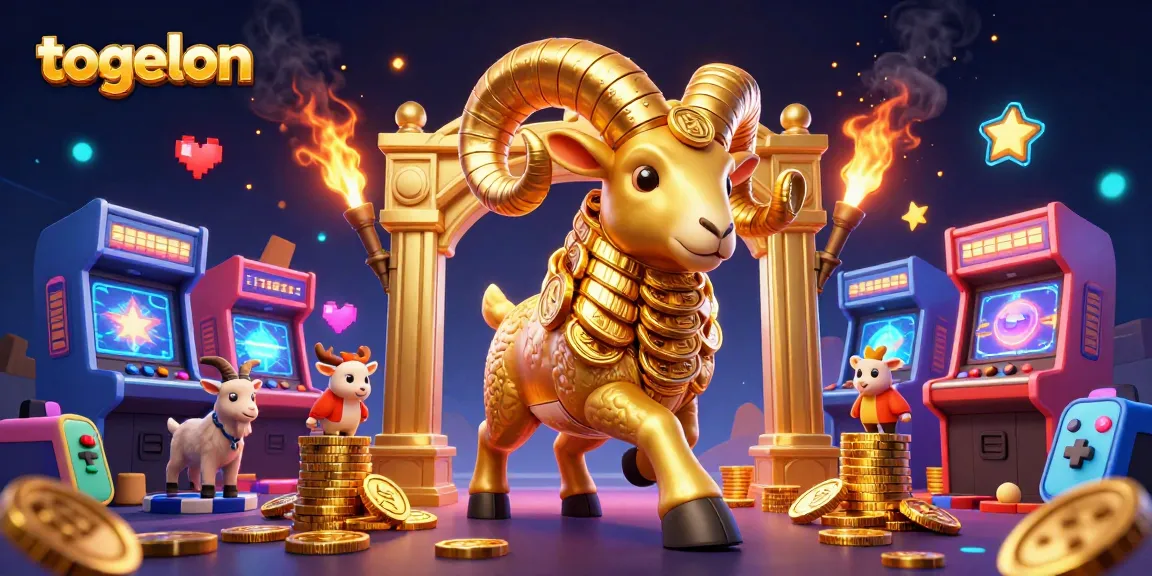 Togelon showcases thrilling online gaming with a golden ram charging through casino elements and arcade machines.