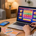 Raja togel dalam pengalaman perjudian online yang nyaman dengan layar laptop dan tiket lotere.