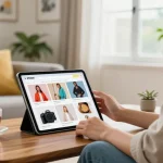 Browsing newbet4d trendy fashion items on a tablet in a cozy home.