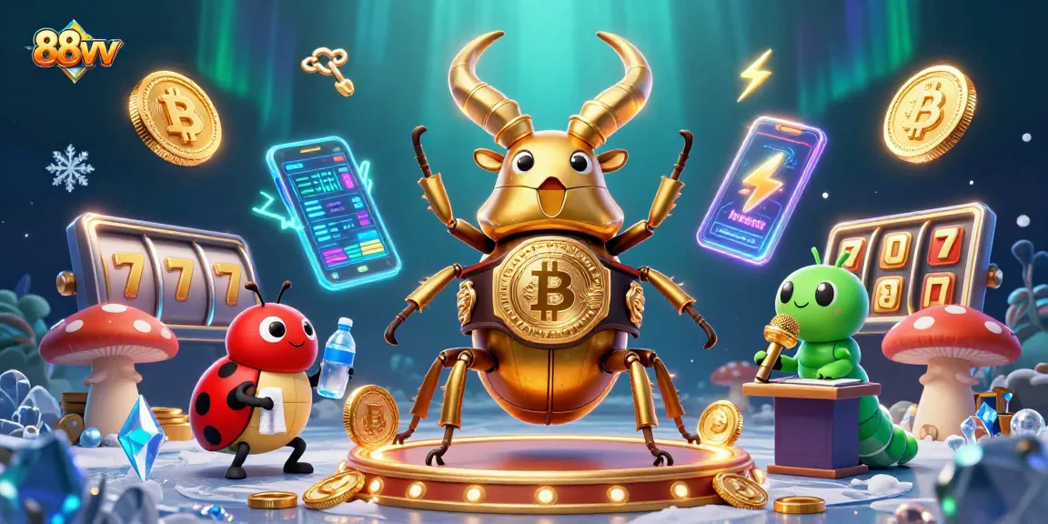Bet on 88vv to join a dazzling 3D scene of a golden stag beetle fighting amidst slot game elements.