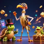 Bolaslot88 captivates with a dynamic scene of a crane, turtle, and frog amidst a jackpot explosion.