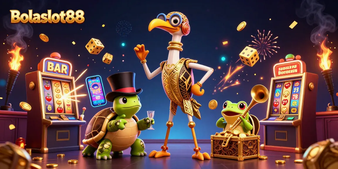 Bolaslot88 captivates with a dynamic scene of a crane, turtle, and frog amidst a jackpot explosion.