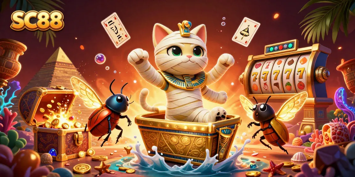 Experience SC88's vibrant casino dynamics with a lively mummy cat bursting in a golden sarcophagus.