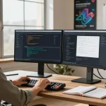 Custom CRM Development Services in a modern tech workspace with dynamic coding and design elements.