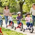 Kids riding the best kids tricycles in a sunny park, showcasing joy and outdoor fun.
