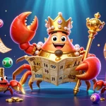 Expérimentez le jeu captivant du casino en ligne avec un crabe empereur doré au centre et des éléments de loterie autour.