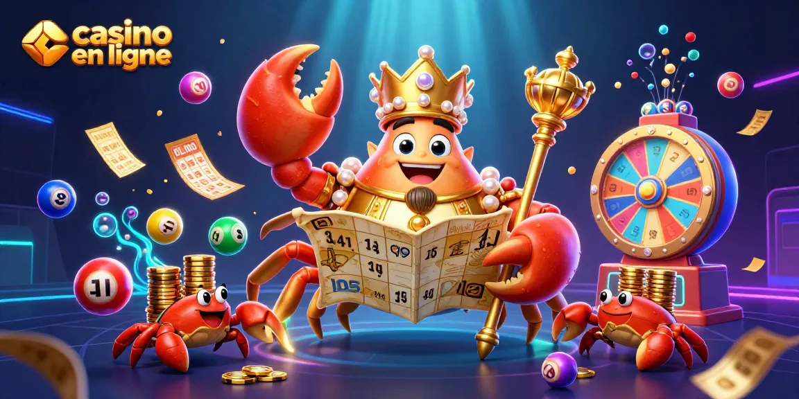 Expérimentez le jeu captivant du casino en ligne avec un crabe empereur doré au centre et des éléments de loterie autour.