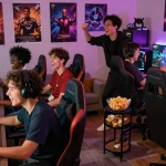 Friends enjoying gaming on mantra88 platform in a vibrant room