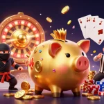 Illustration dynamique de casino en ligne avec un cochon tirelire sumo et des éléments de jeux brillants