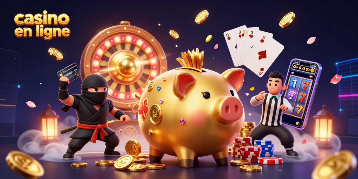 Illustration dynamique de casino en ligne avec un cochon tirelire sumo et des éléments de jeux brillants