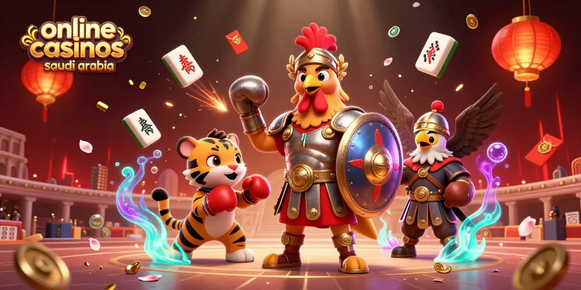 Engage with thrilling online casinos saudi arabia through a vibrant 3D illustration showcasing a gladiator rooster alongside casino elements.