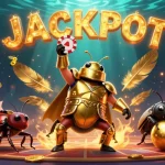 Engage with DEBET by celebrating jackpots in a vibrant casino illustration featuring cartoon beetles.