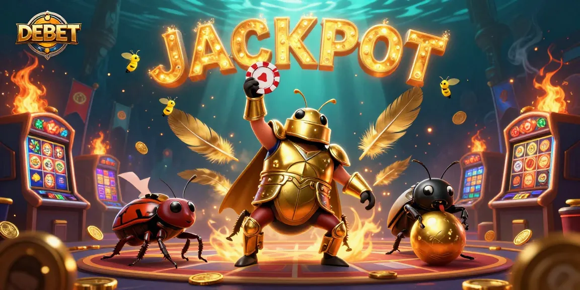 Engage with DEBET by celebrating jackpots in a vibrant casino illustration featuring cartoon beetles.