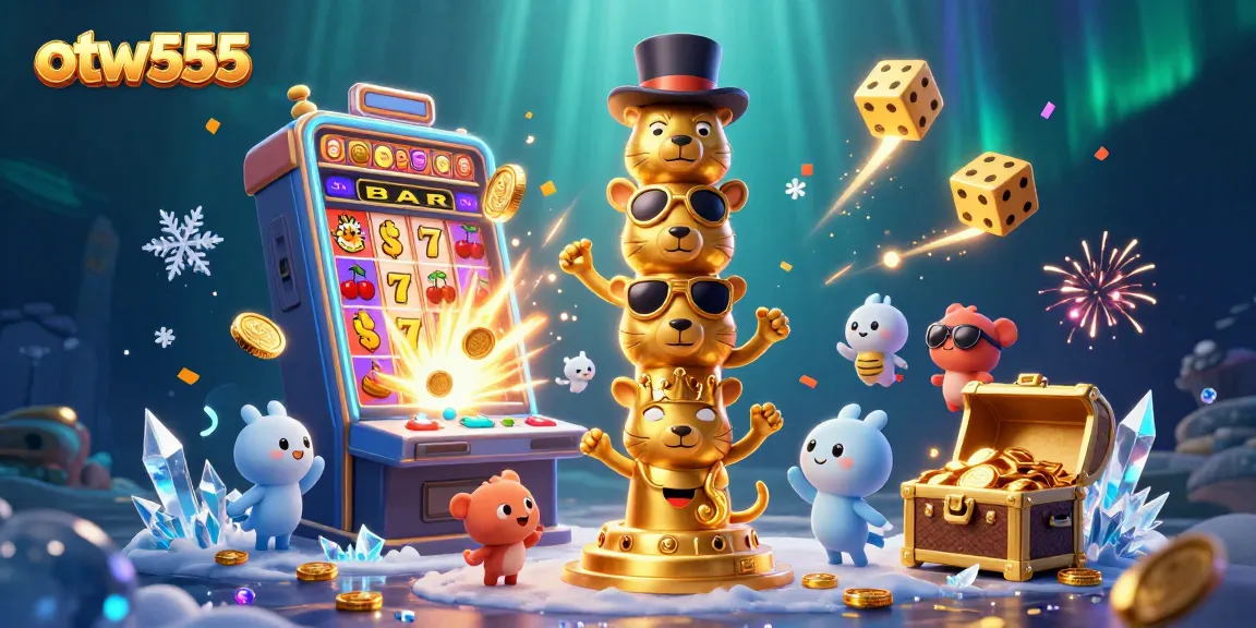 Experience big wins with otw555's vibrant 3D casino scene showcasing lively slot machines and animated characters.