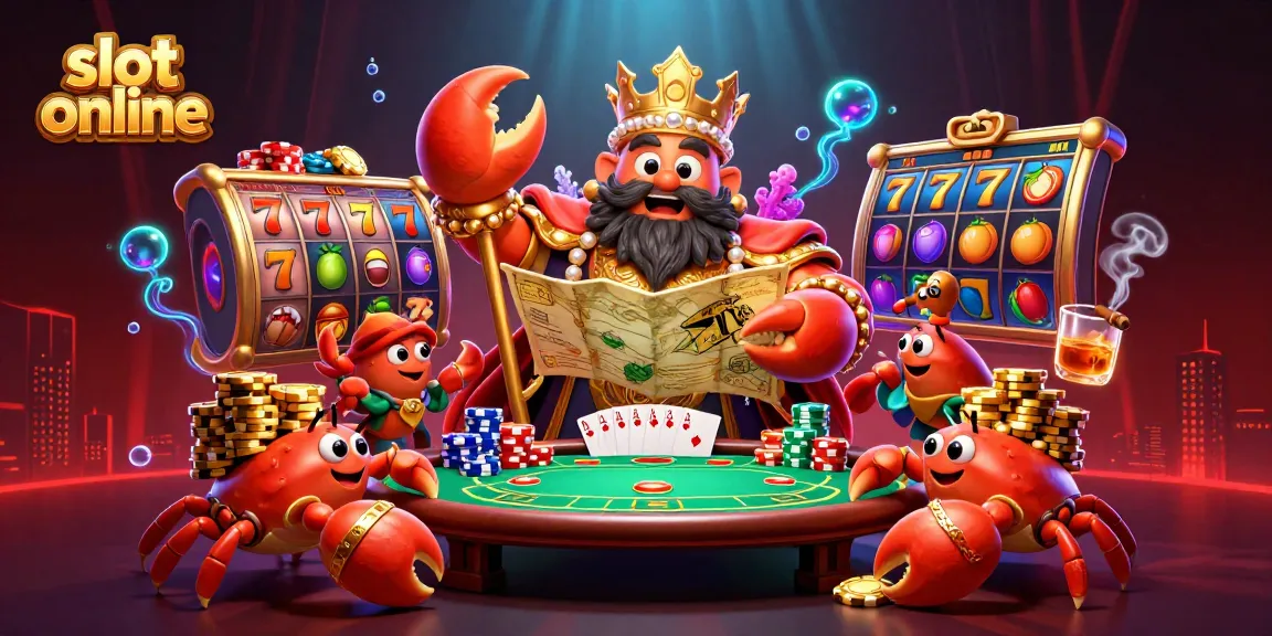 Engage with slot online excitement featuring a majestic crab emperor amidst vibrant casino elements.