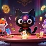 Découvrez le nouveau casino en ligne avec un chat trou noir et un renard nébuleux, attrapant des jetons et des cartes.