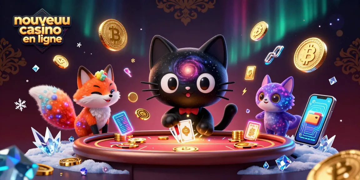 Découvrez le nouveau casino en ligne avec un chat trou noir et un renard nébuleux, attrapant des jetons et des cartes.