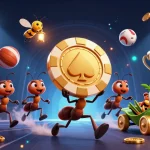 11CC showcases a dynamic team of ants carrying a giant poker chip amidst vibrant casino elements.