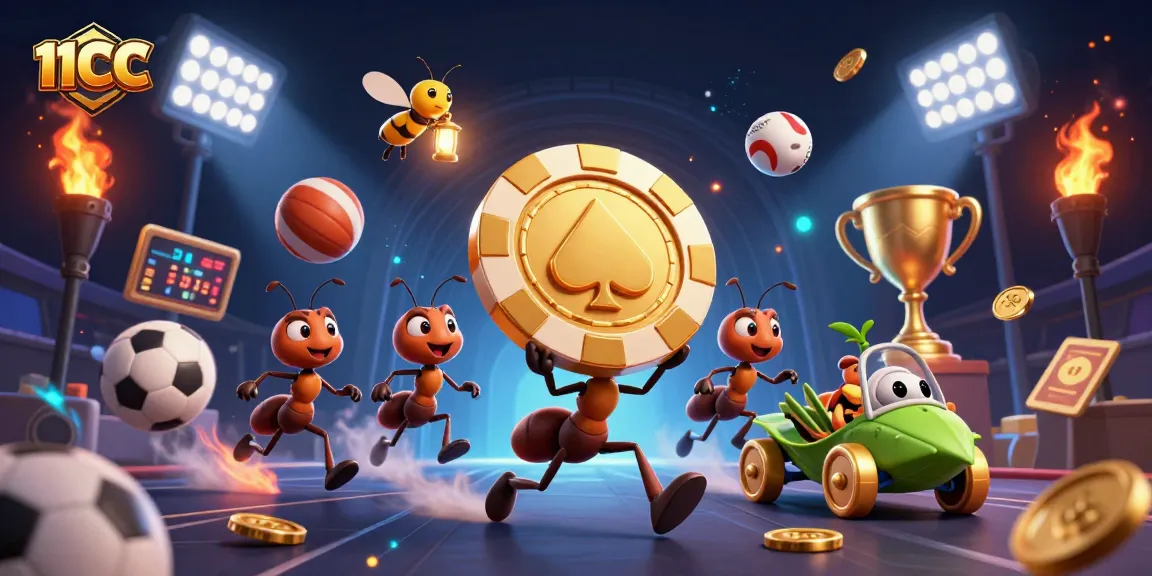 11CC showcases a dynamic team of ants carrying a giant poker chip amidst vibrant casino elements.