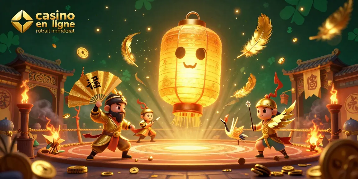 Plongez dans l'univers du casino en ligne retrait immédiat avec une illustration de lanternes dorées et de guerriers en papier.