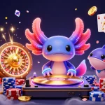 Créez des gains avec le casino en ligne grâce à un DJ axolotl animé dans une scène de jeu dynamique.