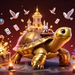 Disfruta de los casinos online nuevos con una tortuga dorada y un crupier con cartas en un ambiente vibrante