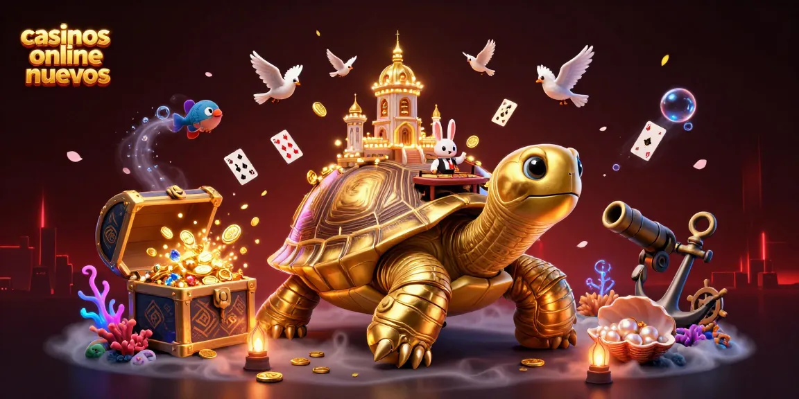 Disfruta de los casinos online nuevos con una tortuga dorada y un crupier con cartas en un ambiente vibrante