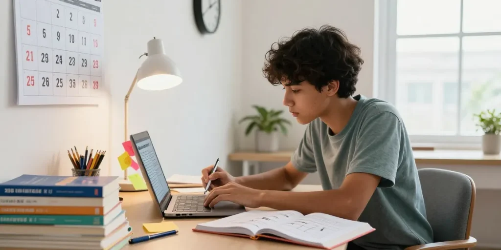 Student studying the 2026 NECO timetable in a well-organized study room filled with books and notes.