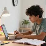 Student studying the 2026 NECO timetable in a well-organized study room filled with books and notes.