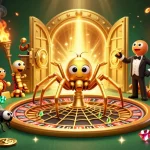 Découvrez le casino en ligne argent réel avec une scène dynamique alliant une araignée dorée et un croupier centipède.