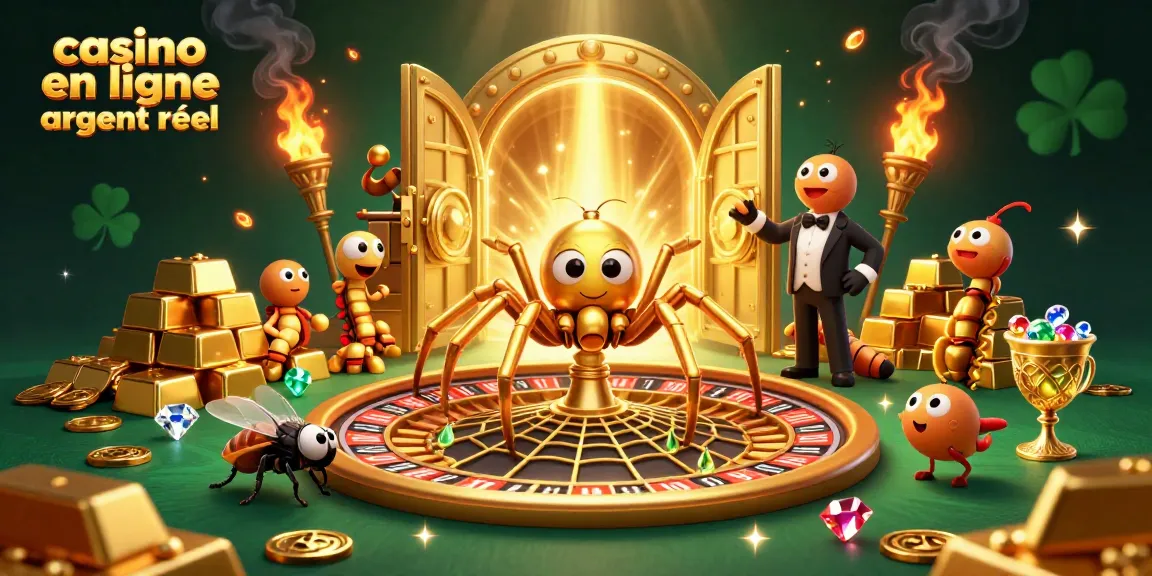 Découvrez le casino en ligne argent réel avec une scène dynamique alliant une araignée dorée et un croupier centipède.