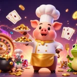 Experience the thrill of 68win with an engaging scene featuring a cartoon chef, mouse, and frog among casino elements.