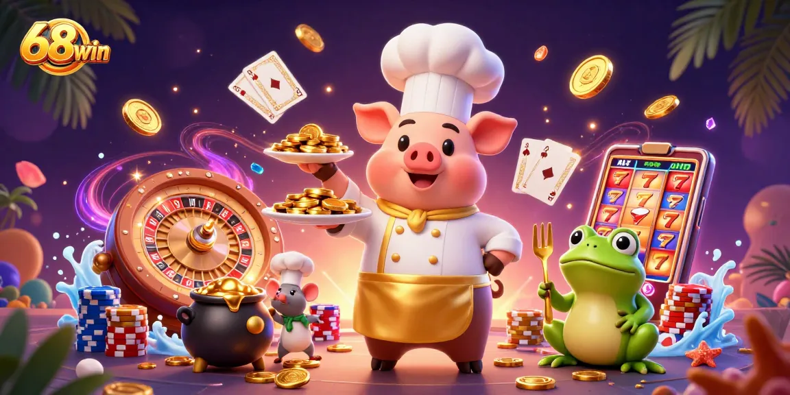 Experience the thrill of 68win with an engaging scene featuring a cartoon chef, mouse, and frog among casino elements.